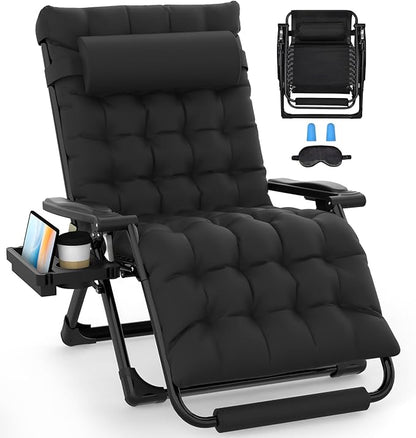 Slendor Oversized Zero Gravity Chairs XXL, 33In Padded Zero Gravity Lounge Chair, Lawn Recliner, Folding Patio Reclining Chair w/Aluminum Alloy Lock, Headrest, Cup Holder, Support 500lbs, Black