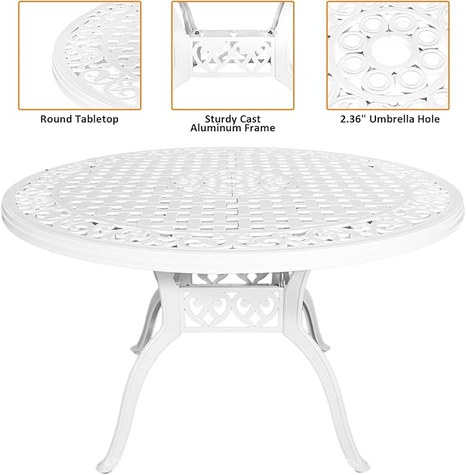 48" Round Patio Table for 6-8 Person Cast Aluminum Bistro Table with 2.36" Umbrella Hole, Metal Outdoor Dining Tables - Photo 5