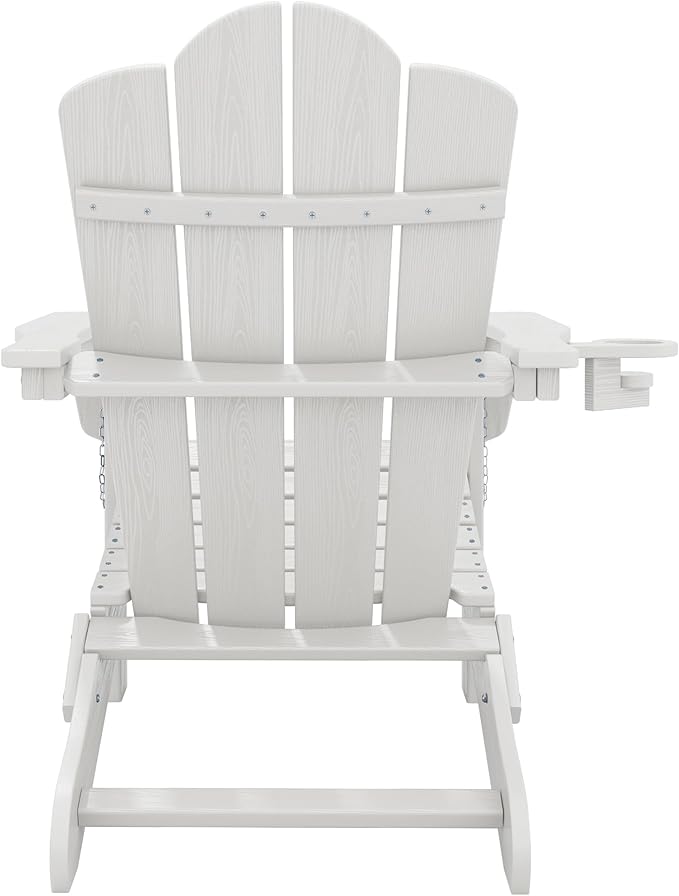 KINGYES Folding Adirondack Chair, HDPE All-Weather Patio Chairs with Cup Holder, Wooden Textured Fire Pit Chairs for Poolside, Backyard, Deck, White