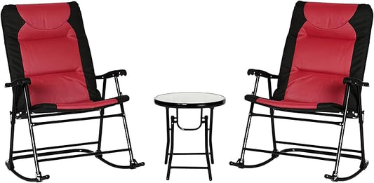Outsunny 3 Piece Outdoor Patio Furniture Set with Glass Coffee Table & 2 Folding Padded Rocking Chairs, Bistro Style for Porch, Camping, Balcony, Red