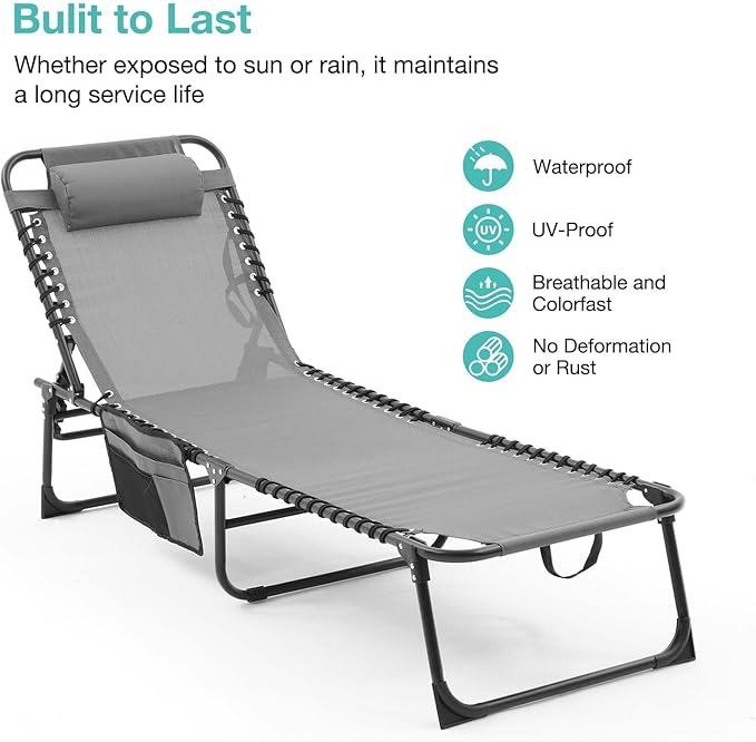 Folding Chaise Lounge Chair Set of 2, Patio Sun Tanning Chair with 4-Position Reclining Back, Breathable Mesh Outdoor Lounge Chair for Pool Beach, Adjustable Footrest, Portable, Gray