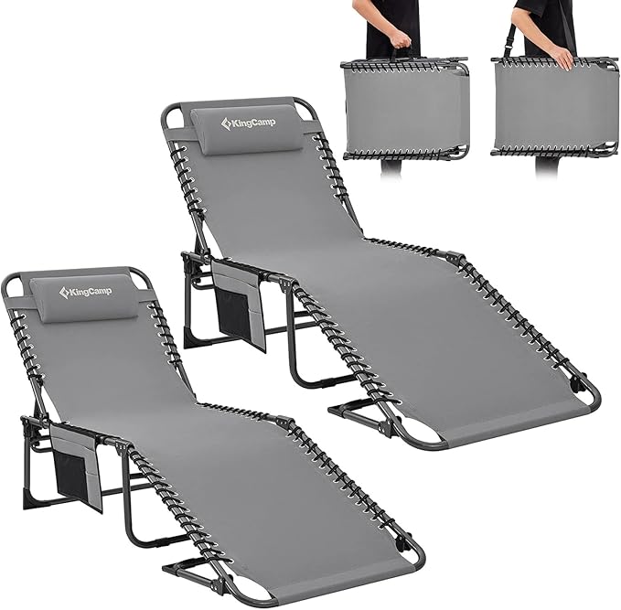 KingCamp Folding Outside Patio Lounge Chair Adjustable 5-Position Adults Reclining Folding Chaise with Pillow, for Patio, Pool, Beach, Sunbathing, Deck, Lawn,2 Packs, Grey