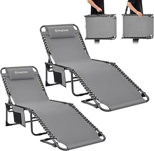 KingCamp Folding Outside Patio Lounge Chair Adjustable 5-Position Adults Reclining Folding Chaise with Pillow, for Patio, Pool, Beach, Sunbathing, Deck, Lawn,2 Packs, Grey