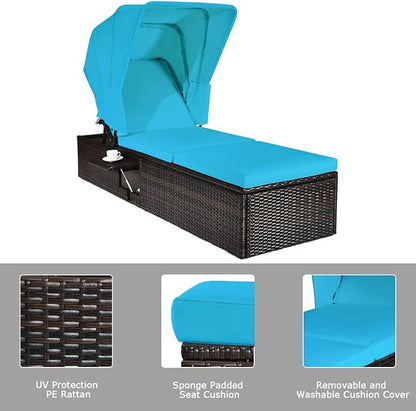 Tangkula 2PCS Outdoor Chaise Lounge Chair with Folding Canopy, Adjustable Cushioned Reclining Chair with Flip-up Tea Table, Rattan Sun Lounger for Beach Poolside Backyard Balcony Porch (2, Turquoise)