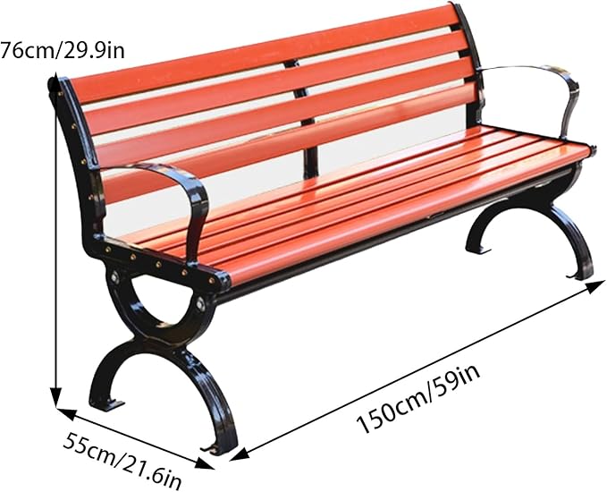 Garden Bench, Outdoor Metal Bench, Bench Park with Armrests and Backrests, Wooden Bench Patio for Garden, Porch, Yard, Slatted Seat(150cm/59in)