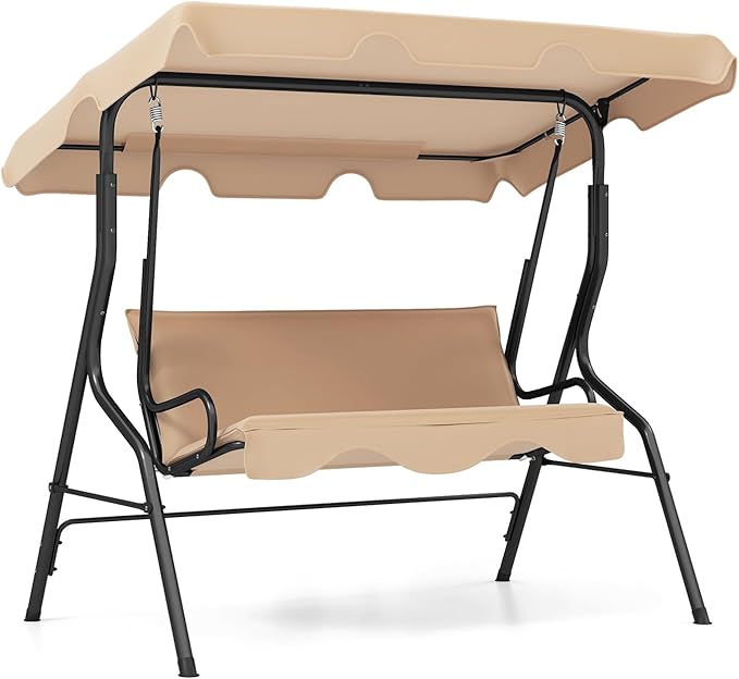 RELAX4LIFE 3-Person Porch Swing Chair - Outdoor Swing w/Adjustable Canopy, Removable Cushion & Metal Frame Stand - Photo 1