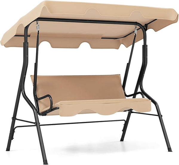 RELAX4LIFE 3-Person Porch Swing Chair - Outdoor Swing w/Adjustable Canopy, Removable Cushion & Metal Frame Stand - Photo 1