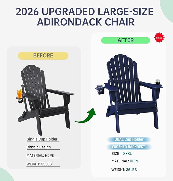Plawdlik [2026 Upgraded Folding Adirondack Chair, 37.8" Extra High Back & 20.3" Wide Seat with Dual Cup Holders - Photo 9