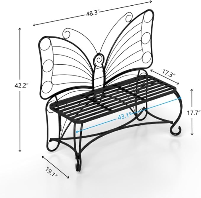 Outdoor Bench Terrace Seat, Butterfly Shape Metal Garden Bench, Park Bench Outdoor Seat, Multifunctional Chair, Suitable for Garden, Courtyard, Park, Entrance