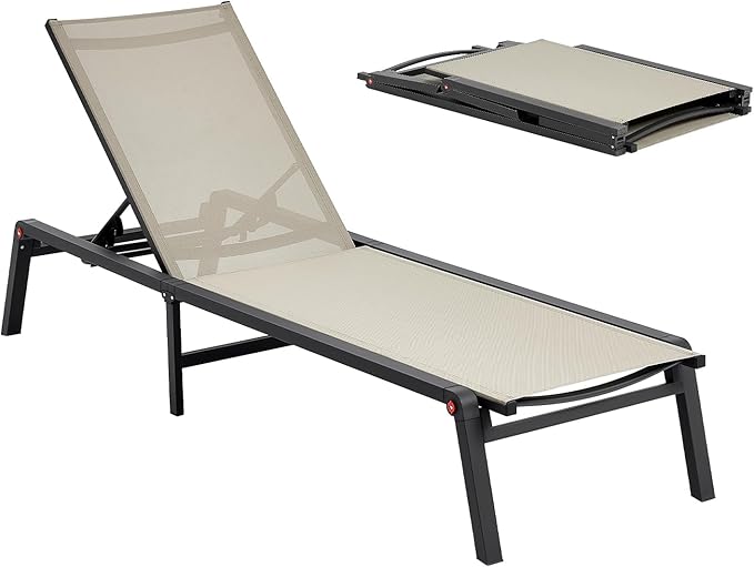 VEVOR Outdoor Chaise Lounge Chair, 400 lbs Weight Capacity, Foldable Sun Tanning Chair, 5 Adjustable Positions, Easy Assembly, Heavy Duty Aluminum Pool Recliner Lounge Chairs, for Beach Yard Patio
