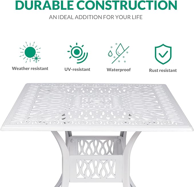 VIVIJASON 35.4" Outdoor Patio Dining Square Table White Cast Aluminum Rustic Large Patio Table with Umbrella Hole