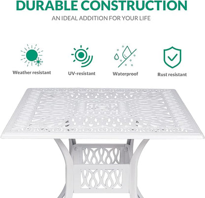 VIVIJASON 35.4" Outdoor Patio Dining Square Table White Cast Aluminum Rustic Large Patio Table with Umbrella Hole