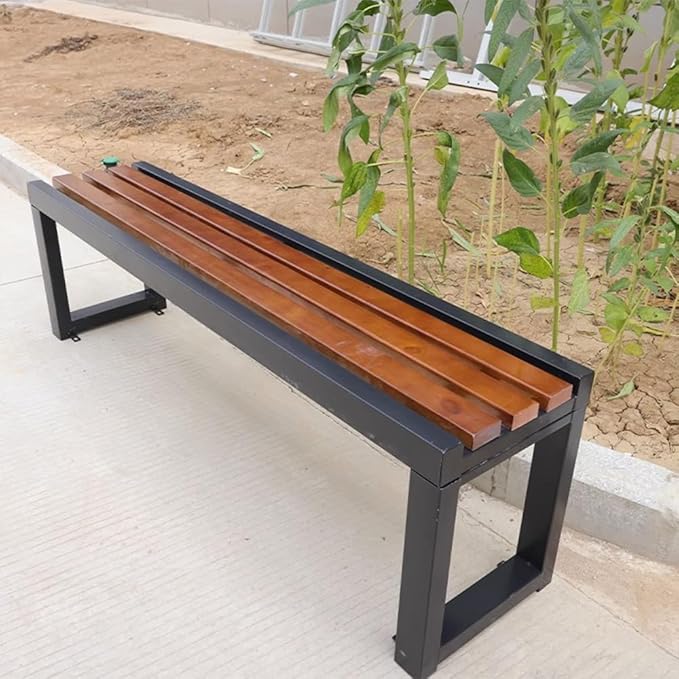 LITFAD Outdoor Bench Modern Simple Style Park Bench with Corrosion Resistant Metal Frame Multicolor Wooden Seating Garden Bench for Patio, Lawn, Yard, Porch - Walnut/Black, 47" L x 14" W x 18" H