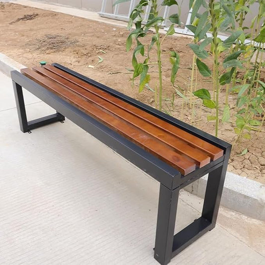 LITFAD Outdoor Bench Modern Simple Style Park Bench with Corrosion Resistant Metal Frame Multicolor Wooden Seating Garden Bench for Patio, Lawn, Yard, Porch - Walnut/Black, 39.5" L x 14" W x 18" H