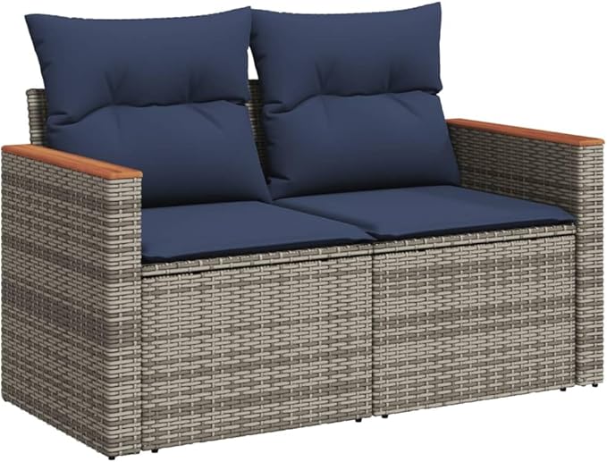 2-Seater Patio Sofa with Cushions, Gray Poly Rattan Outdoor Loveseat - Photo 3