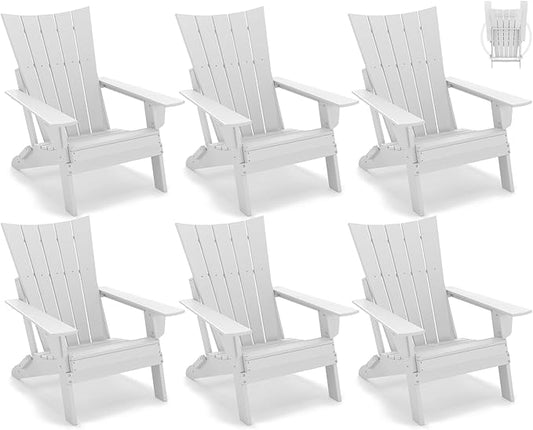 GREENVINES Folding-Adirondack-Chairs-Set-of-6 | HDPE Plastic | Arch Series | Fire Pit Chair | All Weather | for Outdoor Patio Deck Backyard Poolside | White
