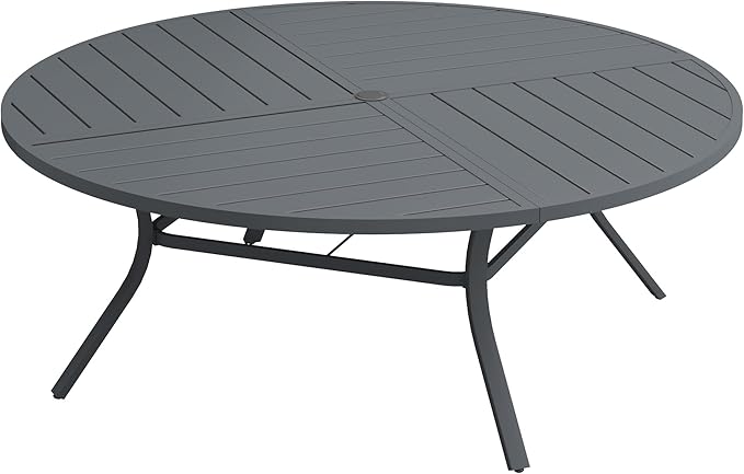 Patio Dining Table for 8-10, Round Metal Outdoor Table with Storage Shelf, 1.57" Umbrella Hole, 63" Outdoor Quartered Tabletop Dining Table for Backyard, Porch, Lawn, Dark Grey