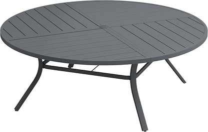 Patio Dining Table for 8-10, Round Metal Outdoor Table with Storage Shelf, 1.57" Umbrella Hole, 63" Outdoor Quartered Tabletop Dining Table for Backyard, Porch, Lawn, Dark Grey