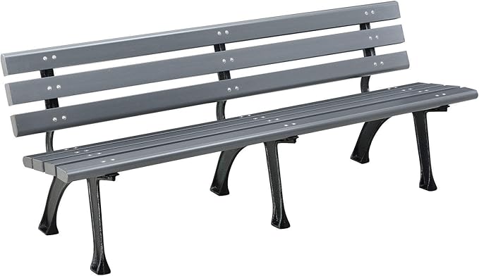 Global Industrial 6'L Outdoor Park Bench with Backrest, Recylced Plastic Slats, Wrought Iron Frame, 1985 lbs Capacity, Gray, Surface Mount, Easy Assembly