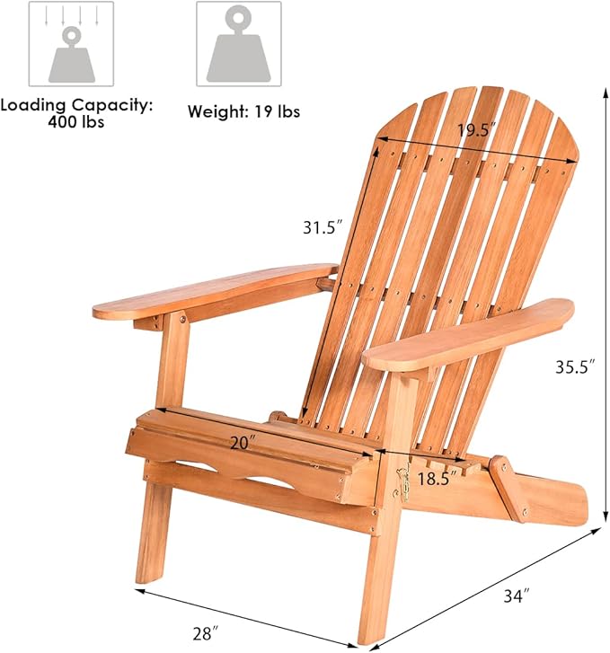 Giantex Wooden Adirondack Chair Outdoor Lounger Chair, Folding Adirondack Chairs 400 lbs Weight Capacity for Patio, Garden, Deck, Porch, Lawn, Oversized Backyard Seating Fire Pit Chairs