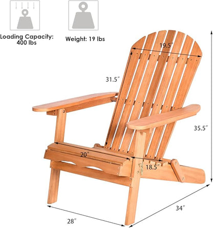 Giantex Wooden Adirondack Chair Outdoor Lounger Chair, Folding Adirondack Chairs 400 lbs Weight Capacity for Patio, Garden, Deck, Porch, Lawn, Oversized Backyard Seating Fire Pit Chairs