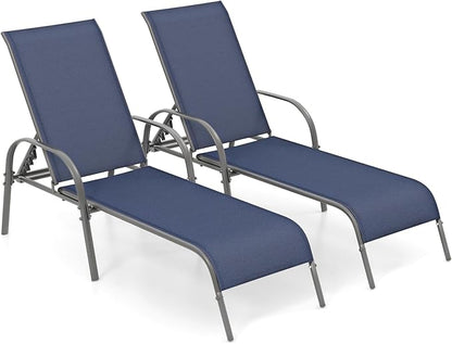 Tangkula Outdoor Lounge Chairs Set of 2, Patio Chaise Lounge with Adjustable Backrest, Reclining Pool Lounge Chairs for Outside with Heavy Duty Steel Frame for Beach, Yard, Balcony, Poolside (Navy)