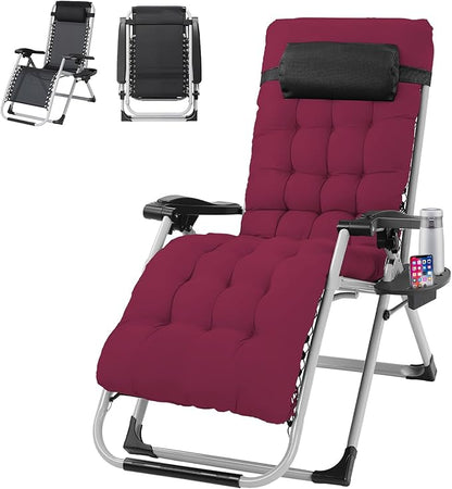 VINGLI Padded Zero Gravity Chair, Lounge Chair with Removable Cushion & Tray， Folding Reclining Patio Chairs， Recliner Chair for Lawn，Indoor Outdoor-Red