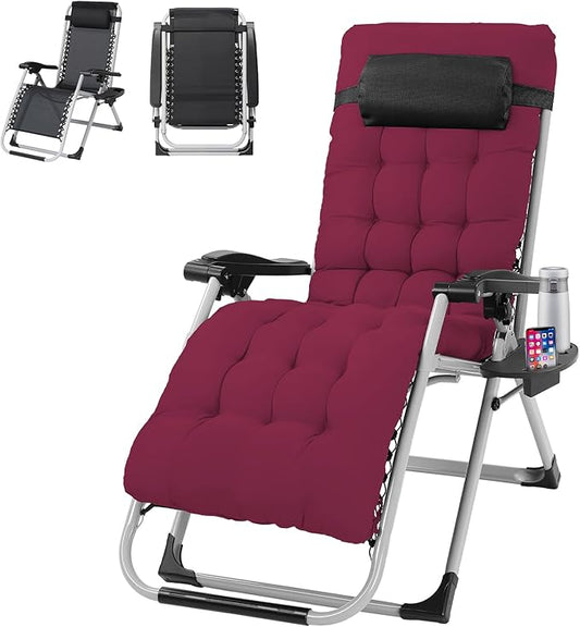 VINGLI Padded Zero Gravity Chair, Lounge Chair with Removable Cushion & Tray， Folding Reclining Patio Chairs， Recliner Chair for Lawn，Indoor Outdoor-Red