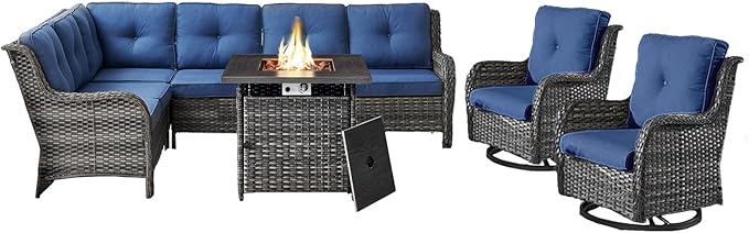 Belord Patio Furniture Set with Fire Pit Table, Outdoor Swivel Rocker Patio Chairs, Oversized Outdoor Sectional Couch - Photo 1