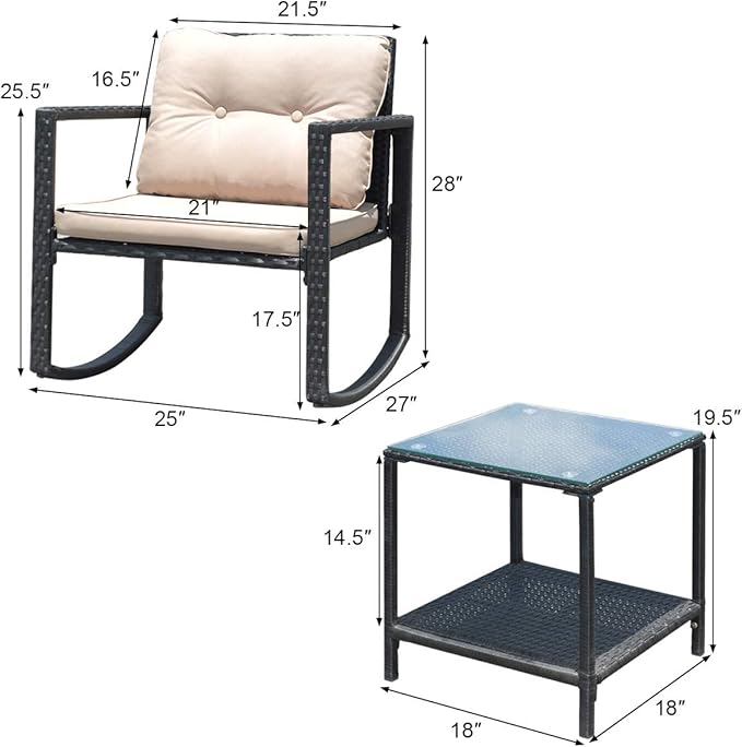 HAPPYGRILL 3-Piece Rocking Bistro Set Outdoor Patio Rocking Chairs with Coffee Table, Rattan Wicker Furniture Conversation Set for Garden Lawn Backyard Balcony