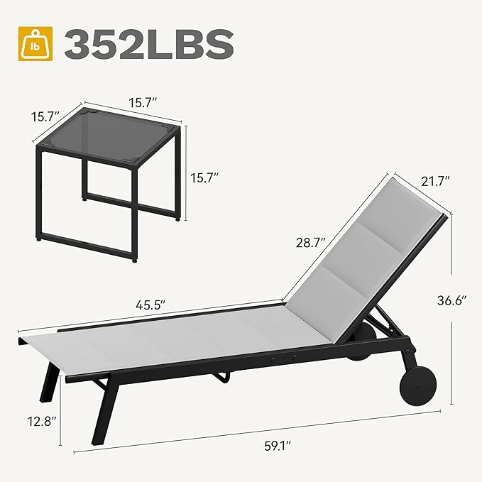 DWVO Outdoor Chaise Lounge Set, 2 Patio Chaise Lounge Chairs with Side Table - Photo 7