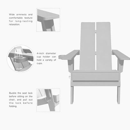 Modern Folding Adirondack Chair, All-Weather HIPS Plastic Outdoor Lounge with Cup Holder, Stackable Resin Patio Chair for Fire Pit, Garden, Deck & Backyard Seating (Gray)