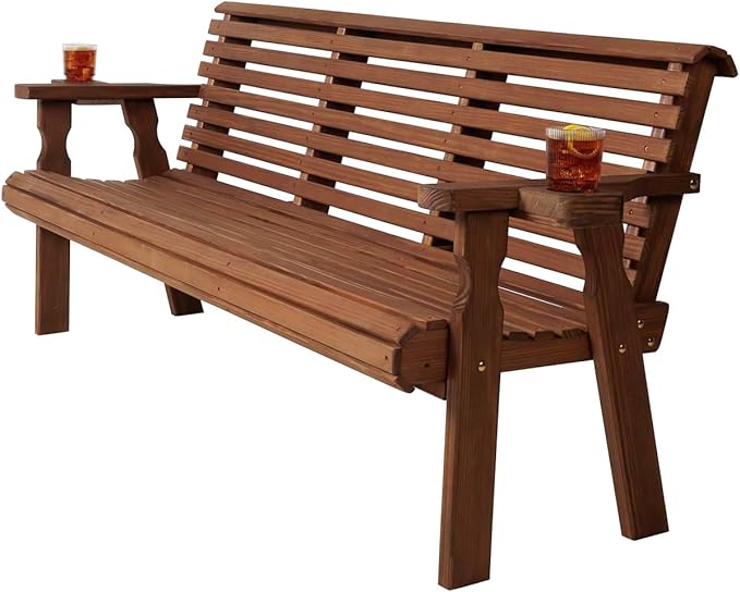 Amish Casual Heavy Duty 6 Foot Pressure Treated Outdoor Garden Bench in Oak Stain with Cup Holders - Amish Crafted Roll Back Design, 700 Lb Weight Capacity