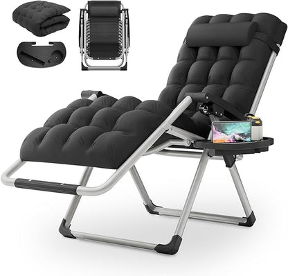 MoNiBloom Reinforced Zero Gravity Chair, Folding Pool Beach Lounger, Portable Tanning Chaise with Cushion, Headrest and Side Tray, 330lbs Capacity - Black