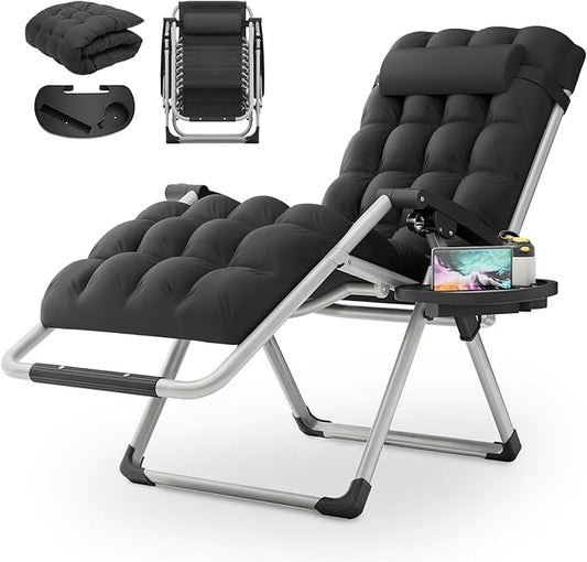 MoNiBloom Reinforced Zero Gravity Chair, Folding Pool Beach Lounger, Portable Tanning Chaise with Cushion, Headrest and Side Tray, 330lbs Capacity - Black