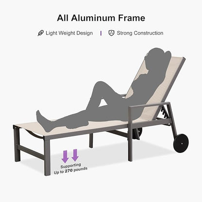 PURPLE LEAF Outdoor Chaise Lounge Set for 2 Aluminum Patio Chaise Lounger Chair with Armrest and Wheels Adjustable Pool Chaise Lounge Chairs for Beach Yard Poolside Table Included, Khaki
