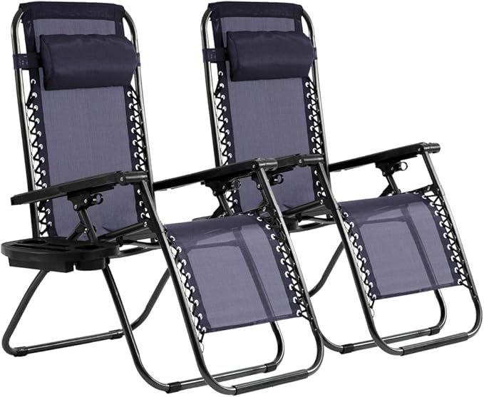 Dkeli Zero Gravity Chair Patio Chair Lounge Chair Chaise 2 Pack Outdoor Folding Adjustable Recliner Chair with Cup Holder Tray and Pillows for Patio, Pool, Beach, Lawn, Deck, Yard Blue