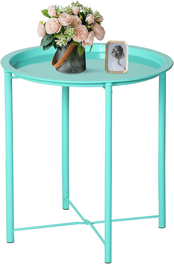 VECELO Side/End Table, Folding Round Metal Anti-Rust and Waterproof Outdoor or Indoor Tray for Living Room Bedroom Balcony and Office, 1 PCS, Green