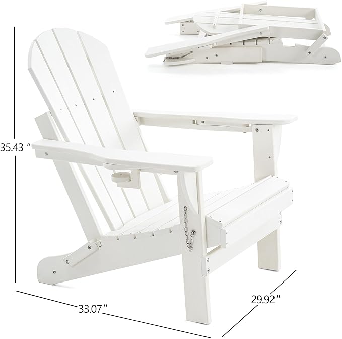 Folding Adirondack Chair, HDPE Outdoor Texture Lawn Chair with Reclining Back, Cup and Phone Holder - Comfortable Firepit Chair Weather Resistant for Patio or Backyard (White, Set of 1)