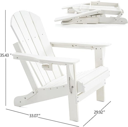 Folding Adirondack Chair, HDPE Outdoor Texture Lawn Chair with Reclining Back, Cup and Phone Holder - Comfortable Firepit Chair Weather Resistant for Patio or Backyard (White, Set of 1)
