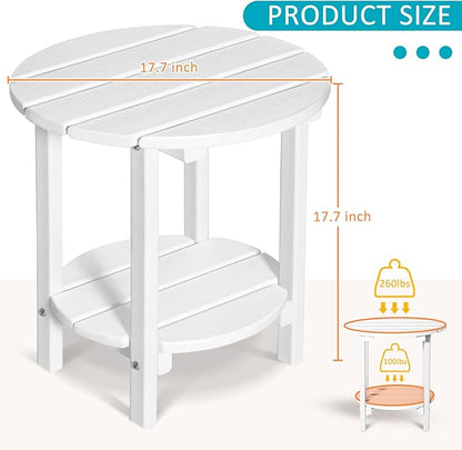 2 Tier Round Outdoor Side Table with Wood-Like Grain, 17.7" HDPE Adirondack Table Patio Side Table, Weather Resistant End Table for Pool, Patio & Porch, Small Outdoor Table (White, Round)
