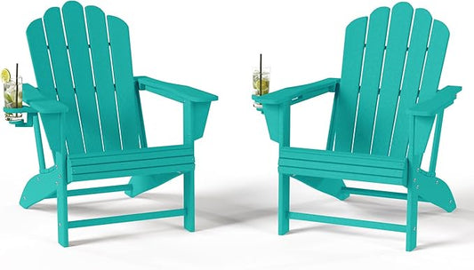 Costaelm Lakeview Outdoor Patio HDPE Adirondack Chairs with Cup Holders (Set of 2), Turquoise