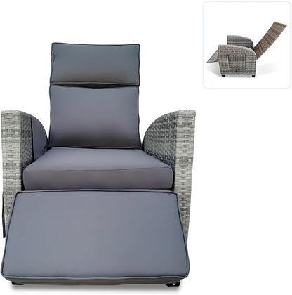 Wicker Outdoor Recliner | Outdoor Recliner Chair | Patio Reclining Chair with 4" Thick Cushion, Adjustable Backrest & Footrest, Flip-up Table & Side Pocket For Patio, Outdoor & Indoor (Gray&Gray)