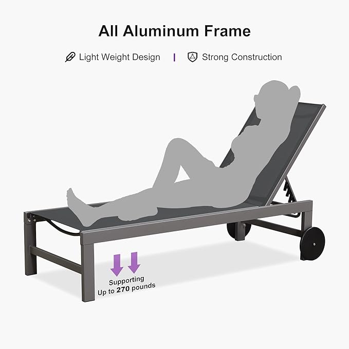 PURPLE LEAF Patio Chaise Lounge Set for 4 Outdoor Pool Lounge Chairs with Adjustable Backrest and Side Tables Aluminum - Photo 8