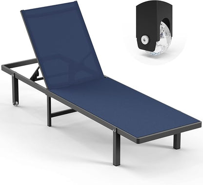 Lounge Chair Outdoor with Wheels, Aluminum Patio Chaise Lounge Chair with 5 Adjustable Backrest - Easy to Move- Pool Lounge Chairs for Deck, Beach, Poolside (NavyBlue)