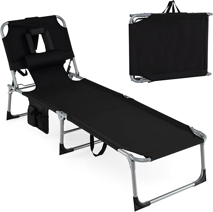 Giantex Face Down Tanning Chair, Folding Beach Lounge Chair w/ 4-Position Adjustable Backrest, Outdoor Sunbathing Lounge Chair w/Face Arm Holes & Storage Pocket for Patio Deck Poolside (1, Black)