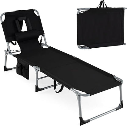 Giantex Face Down Tanning Chair, Folding Beach Lounge Chair w/ 4-Position Adjustable Backrest, Outdoor Sunbathing Lounge Chair w/Face Arm Holes & Storage Pocket for Patio Deck Poolside (1, Black)