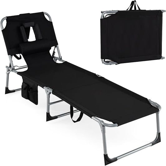 Giantex Face Down Tanning Chair, Folding Beach Lounge Chair w/ 4-Position Adjustable Backrest, Outdoor Sunbathing Lounge Chair w/Face Arm Holes & Storage Pocket for Patio Deck Poolside (1, Black)