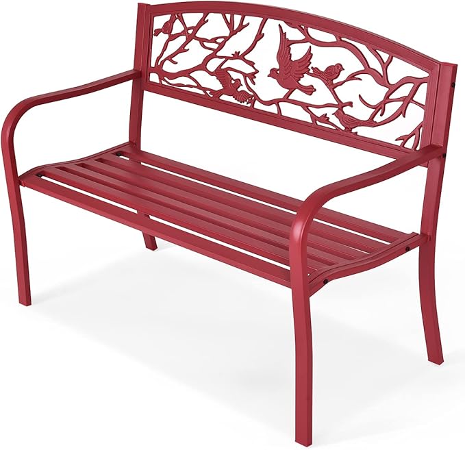 Tangkula Metal Outdoor Garden Bench Park Bench, Patio Bench with Bird & Twig Cast Iron Back Pattern - Photo 8