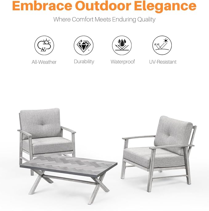 Aluminum Patio Furniture Set, 3 Pieces Outdoor Patio Bistro Set with Washable Thick Cushions, All Weather Outdoor Conversation Sets with Coffee Table for Backyard, Balcony, Lawn, White Oak